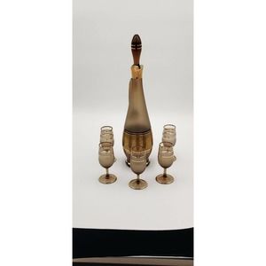 Vtg Czech Bohemia amber Liquor Decanter Set With 5 Glasses